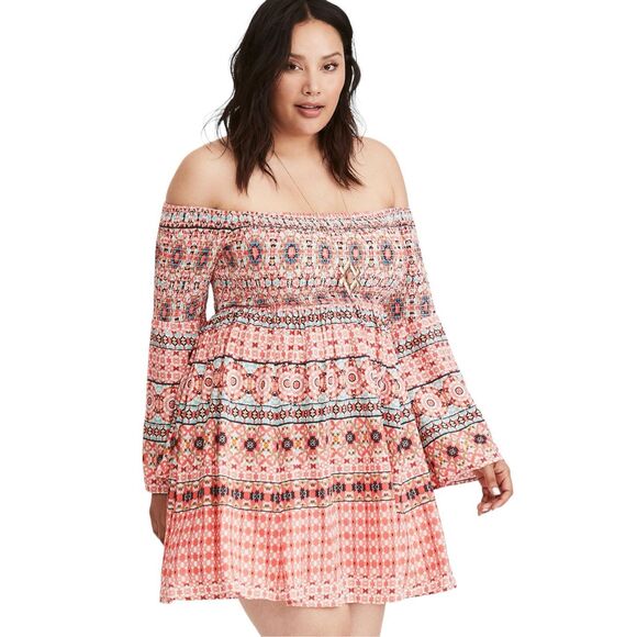 Torrid Plus Size 2X Dress Mosaic Smocked Bell Sleeve Peach Pink Off Shoulder 955 - Picture 1 of 11